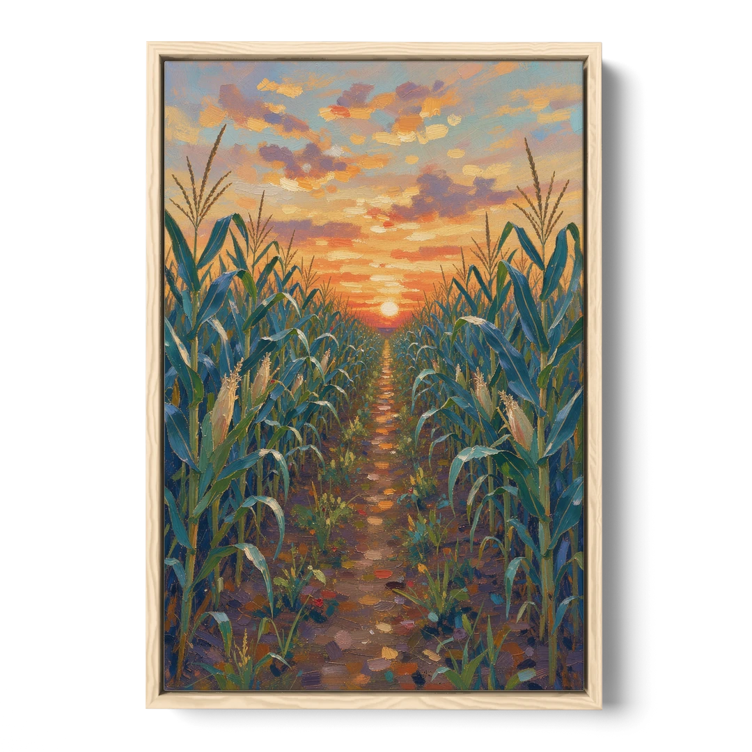Country Landscape Painting of Corn Rows at Sunset - Oak Framed Canvas Wall Art - Front