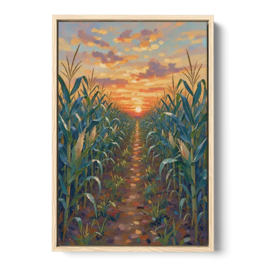 Country Landscape Painting of Corn Rows at Sunset - Oak Framed Canvas Wall Art - Front