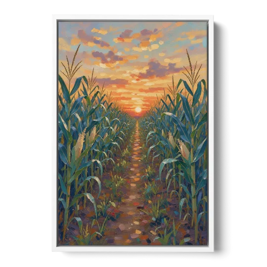Country Landscape Painting of Corn Rows at Sunset - White Framed Canvas Wall Art - Front