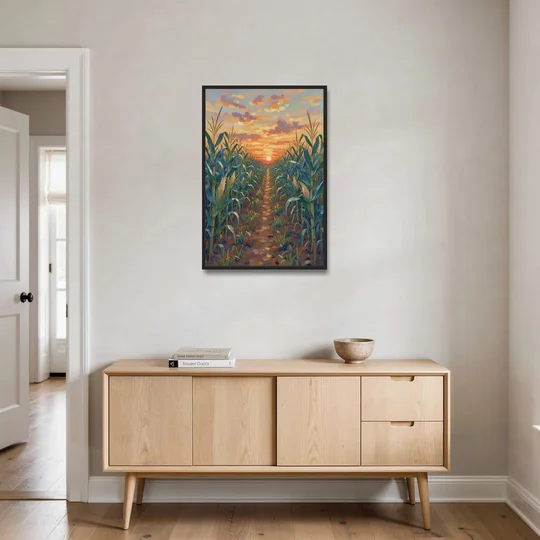 Country Landscape Painting of Corn Rows at Sunset - Black Framed Canvas Wall Art - Coffee Table - 24x36