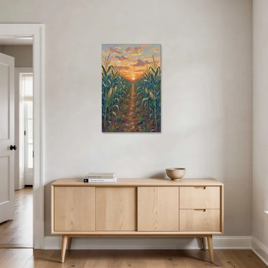 Country Landscape Painting of Corn Rows at Sunset - Canvas Wall Art - Coffee Table - 24x36