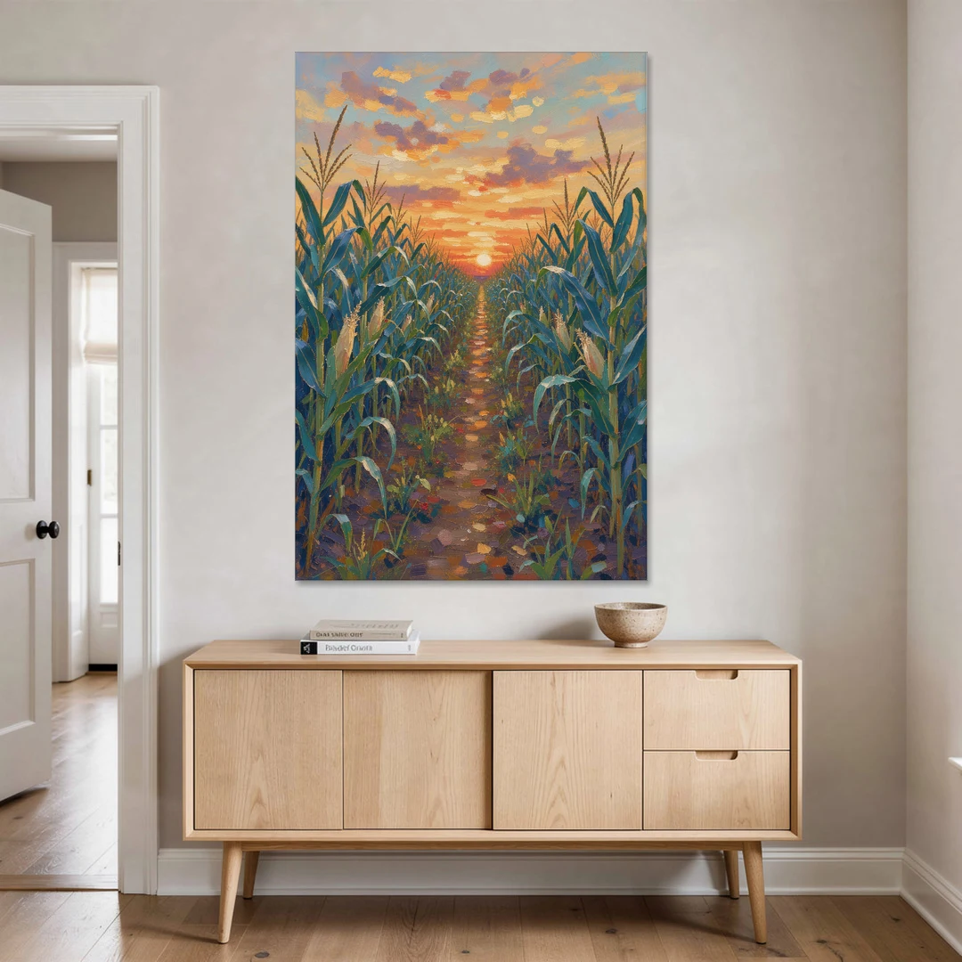 Country Landscape Painting of Corn Rows at Sunset - Canvas Wall Art - Coffee Table - 40x60