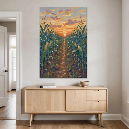 Country Landscape Painting of Corn Rows at Sunset - Canvas Wall Art - Coffee Table - 40x60