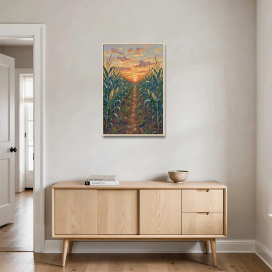 Country Landscape Painting of Corn Rows at Sunset - Oak Framed Canvas Wall Art - Coffee Table - 24x36