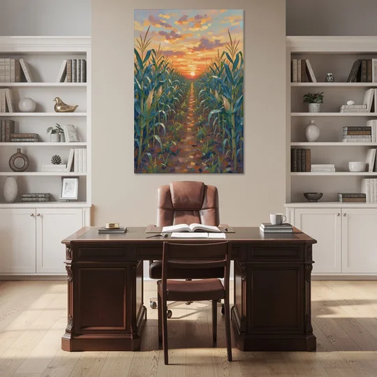 Country Landscape Painting of Corn Rows at Sunset - Canvas Wall Art - Office - 40x60