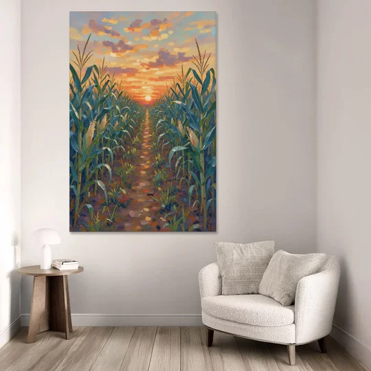 Country Landscape Painting of Corn Rows at Sunset - Canvas Wall Art - Sofa - 40x60