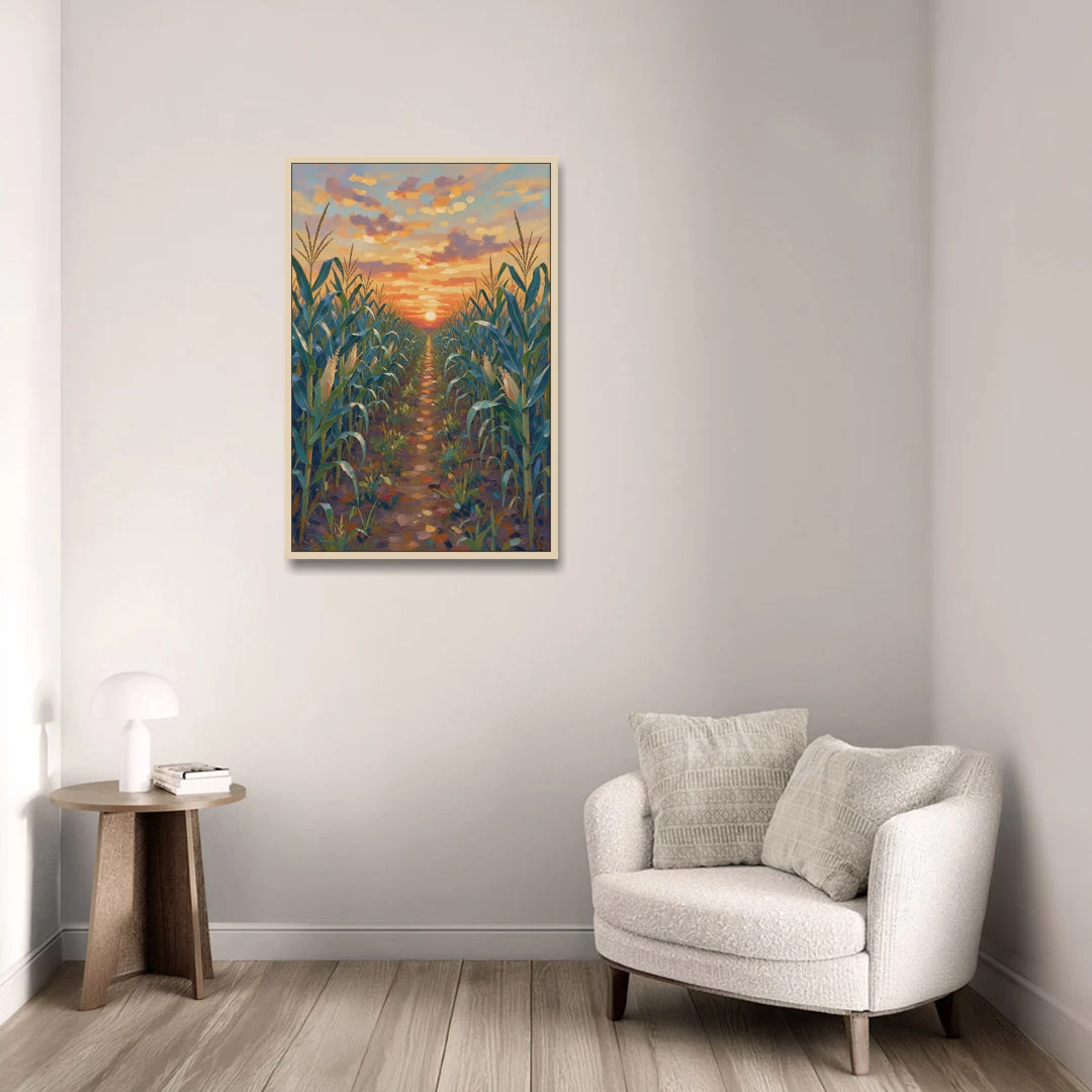 Country Landscape Painting of Corn Rows at Sunset - Oak Framed Canvas Wall Art - Sofa - 24x36