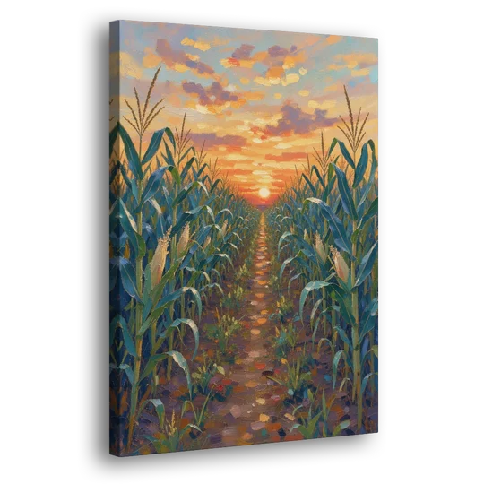 Country Landscape Painting of Corn Rows at Sunset - Canvas Wall Art - Side