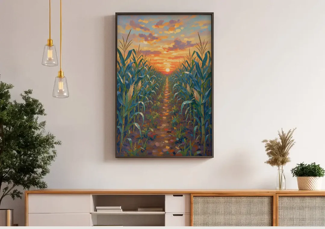 Country Landscape Painting of Corn Rows at Sunset canvas wall art above a wooden sideboard under pendant lights