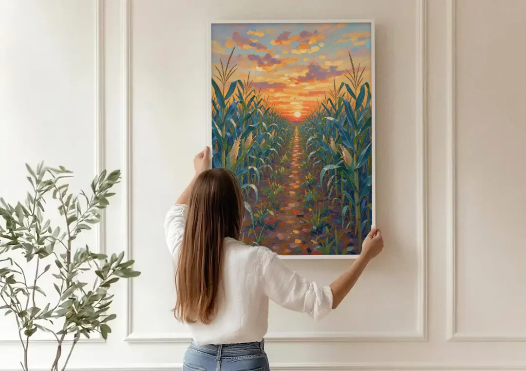 Country Landscape Painting of Corn Rows at Sunset canvas wall art being hung on a paneled wall