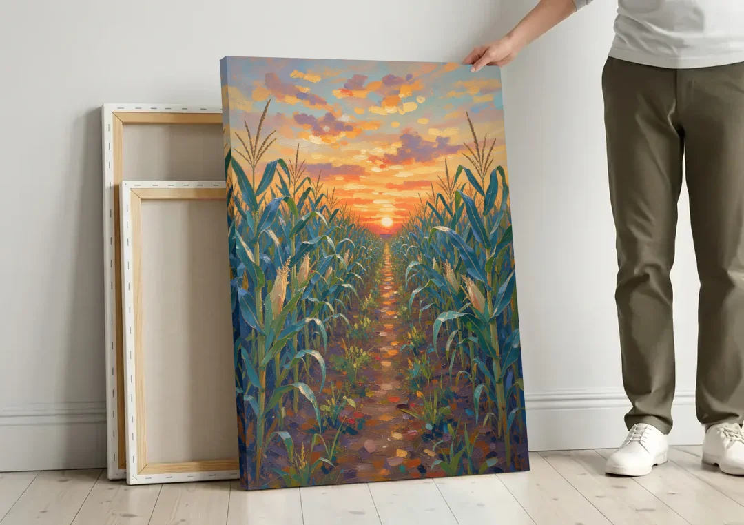 Country Landscape Painting of Corn Rows at Sunset canvas wall art leaning against a wall next to blank canvases