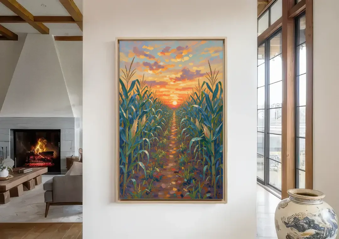 Country Landscape Painting of Corn Rows at Sunset canvas wall art in a living room with a fireplace
