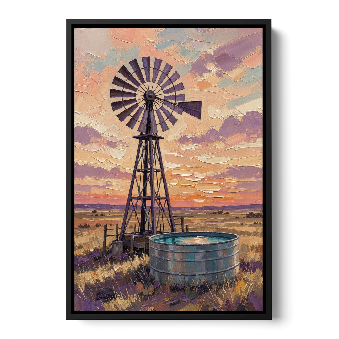 Country Prairie Windpump at Sunset - Black Framed Canvas Wall Art - Front