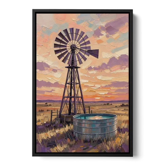 Country Prairie Windpump at Sunset - Black Framed Canvas Wall Art - Front