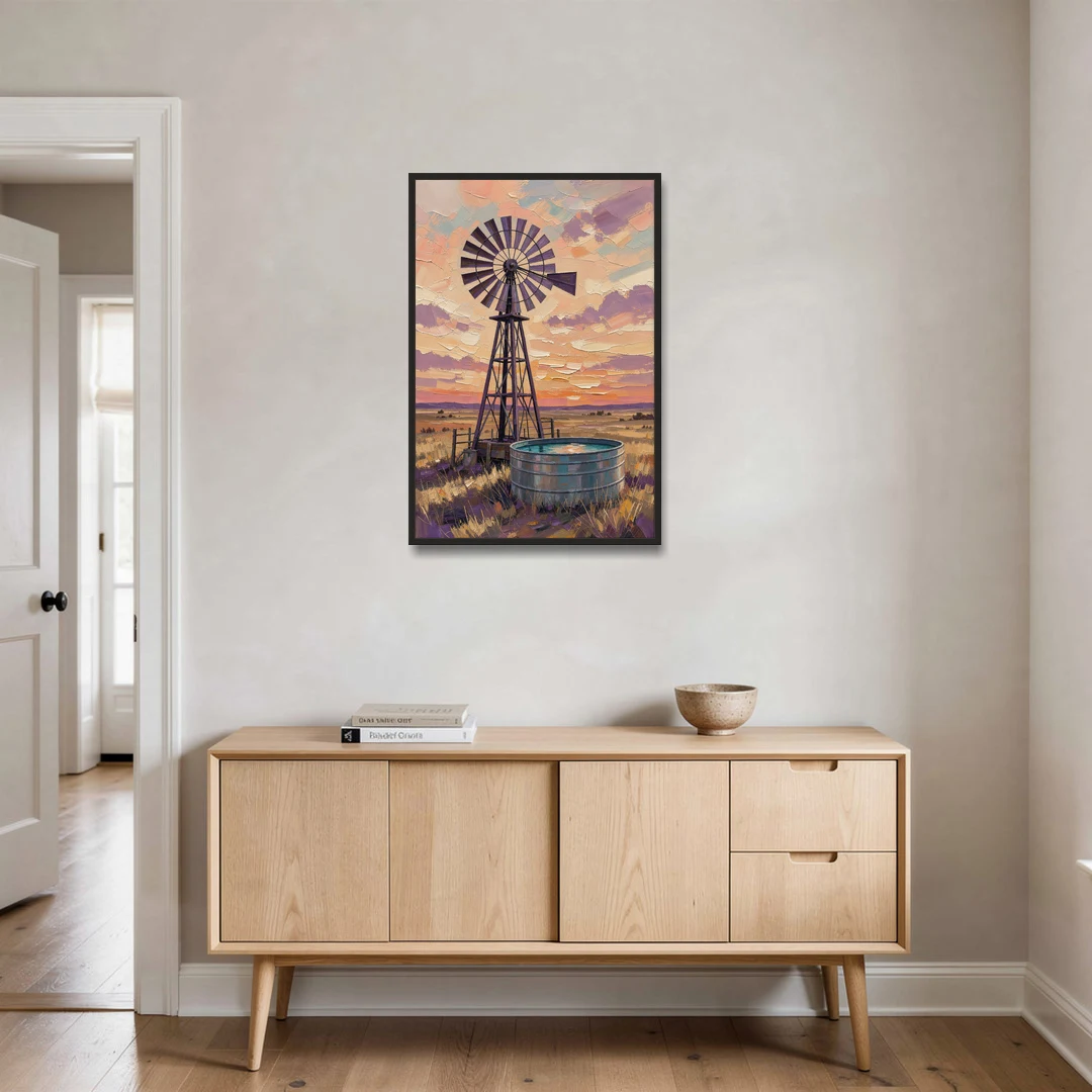 Country Prairie Windpump at Sunset - Black Framed Canvas Wall Art - Coffee Table - 24x36