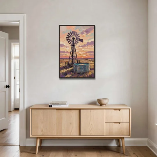 Country Prairie Windpump at Sunset - Black Framed Canvas Wall Art - Coffee Table - 24x36