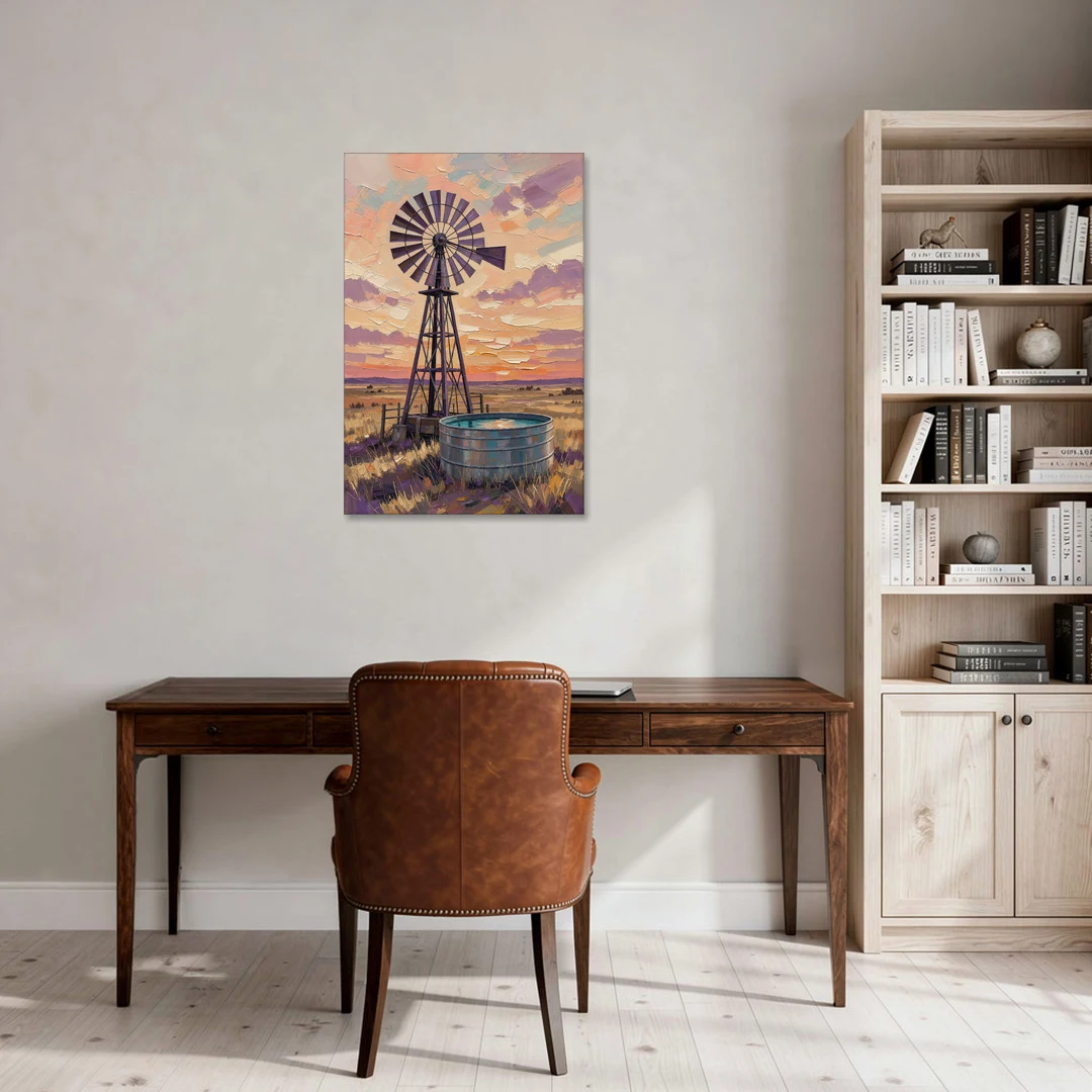 Country Prairie Windpump at Sunset - Canvas Wall Art - Office - 24x36