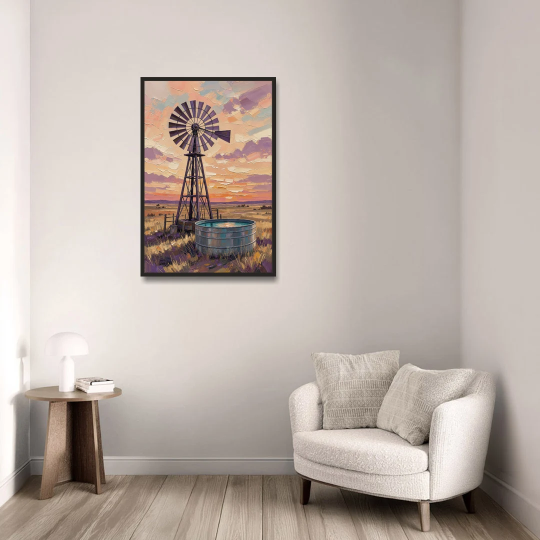 Country Prairie Windpump at Sunset - Black Framed Canvas Wall Art - Sofa - 24x36