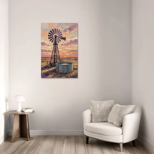 Country Prairie Windpump at Sunset - Canvas Wall Art - Sofa - 24x36