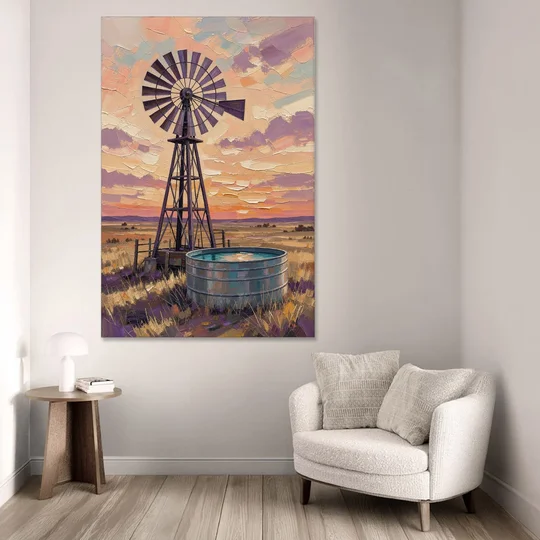 Country Prairie Windpump at Sunset - Canvas Wall Art - Sofa - 40x60
