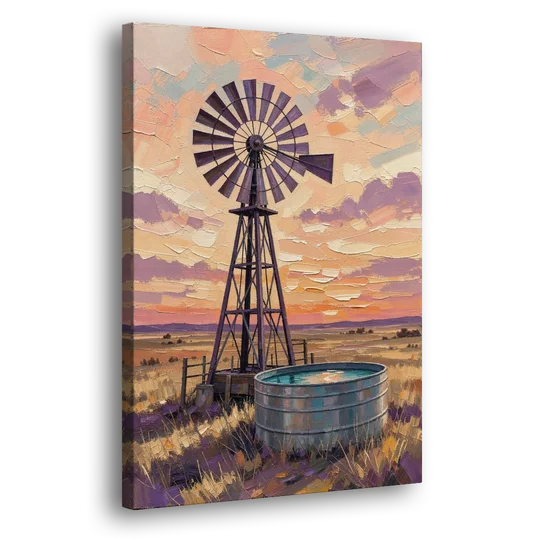 Country Prairie Windpump at Sunset - Canvas Wall Art - Side
