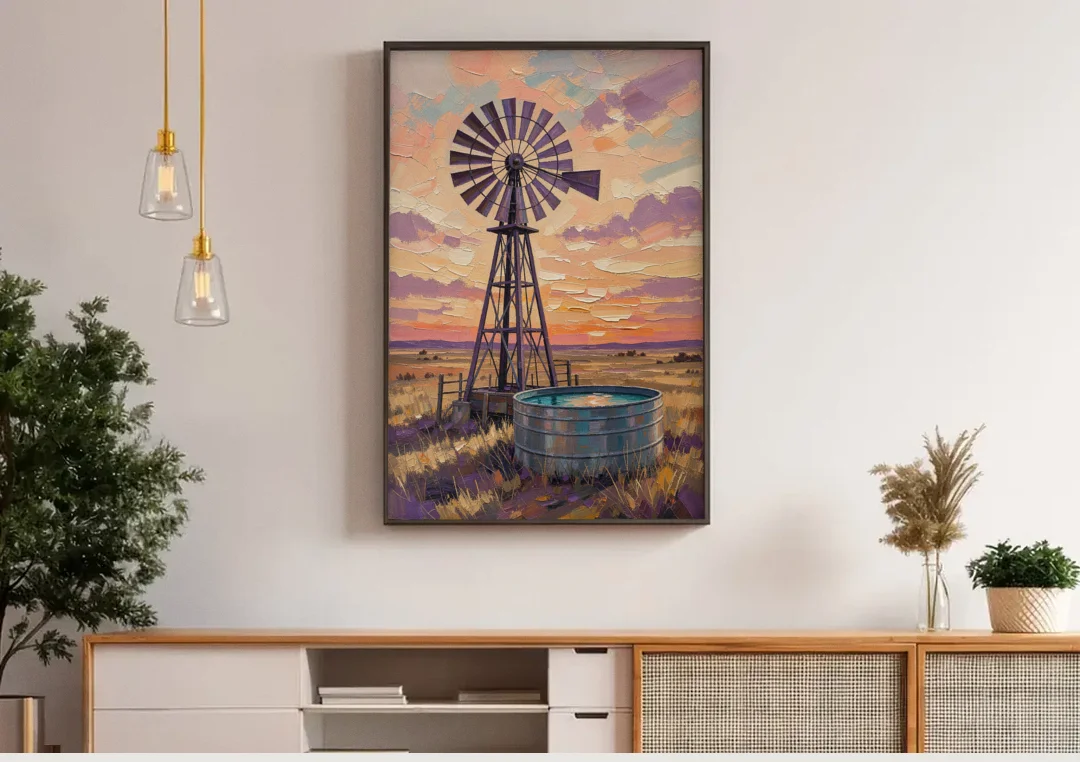 Country Prairie Windpump at Sunset canvas wall art above a wooden sideboard under pendant lights