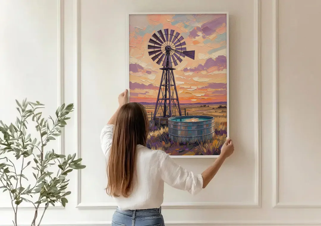 Country Prairie Windpump at Sunset canvas wall art being hung on a paneled wall