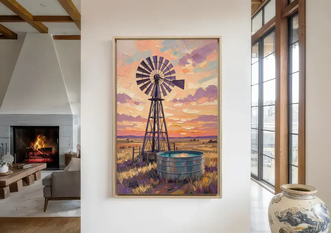 Country Prairie Windpump at Sunset canvas wall art in a living room with a fireplace