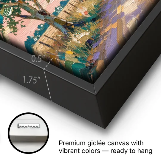 Country Road Painting Through Summer Trees - Black Framed Canvas Wall Art - Gallery Wrap Corner