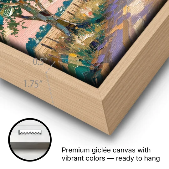 Country Road Painting Through Summer Trees - Oak Framed Canvas Wall Art - Gallery Wrap Corner