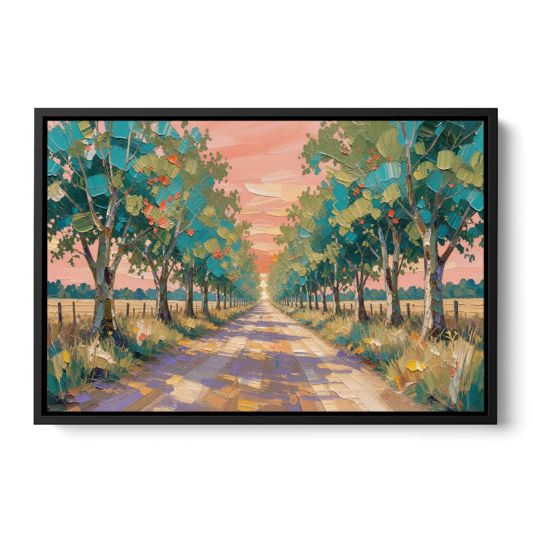 Country Road Painting Through Summer Trees - Black Framed Canvas Wall Art - Front
