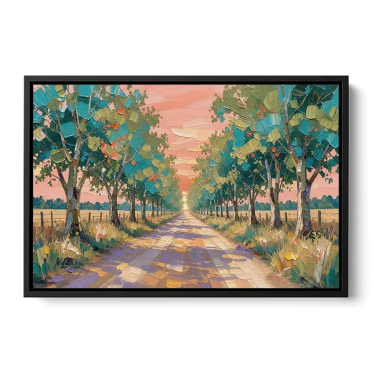Country Road Painting Through Summer Trees - Black Framed Canvas Wall Art - Front