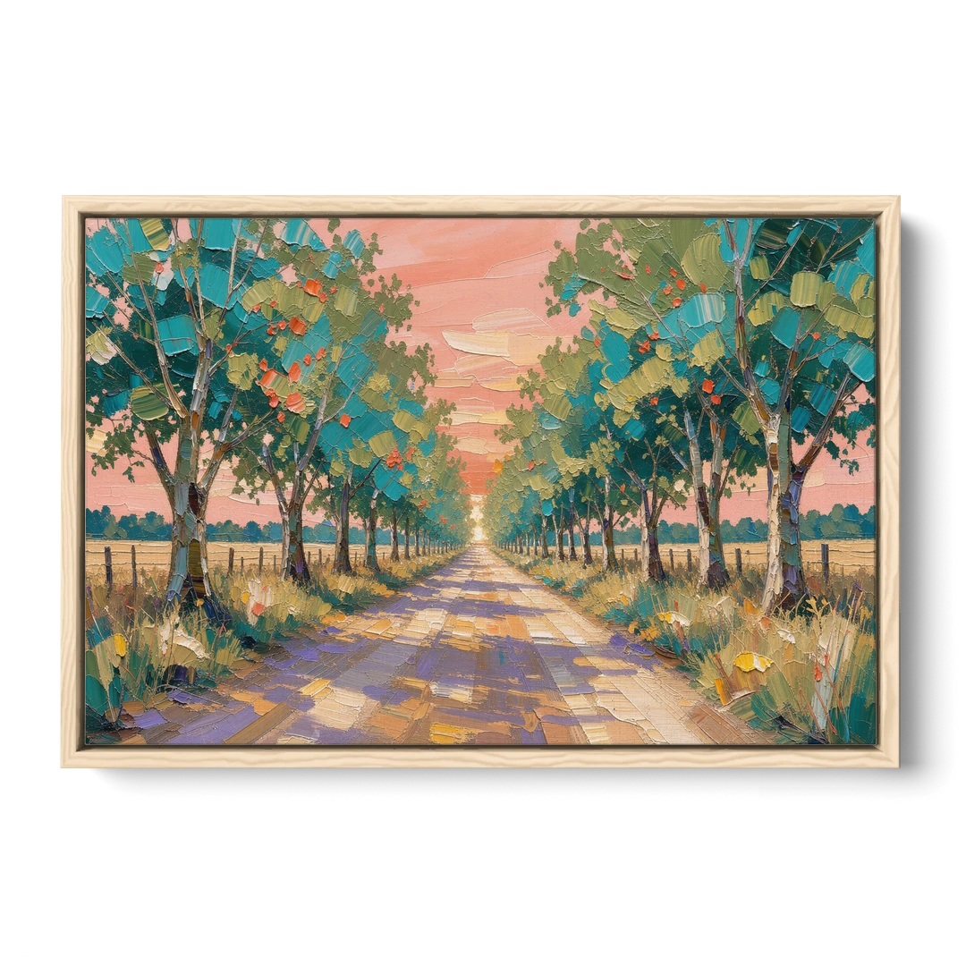 Country Road Painting Through Summer Trees - Oak Framed Canvas Wall Art - Front