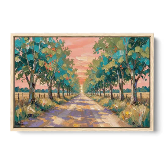Country Road Painting Through Summer Trees - Oak Framed Canvas Wall Art - Front