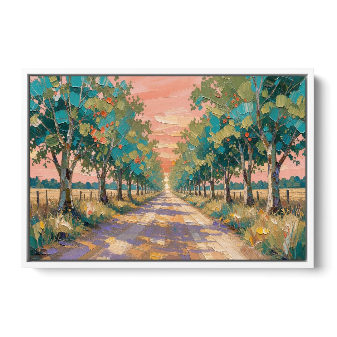 Country Road Painting Through Summer Trees - White Framed Canvas Wall Art - Front
