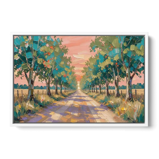 Country Road Painting Through Summer Trees - White Framed Canvas Wall Art - Front