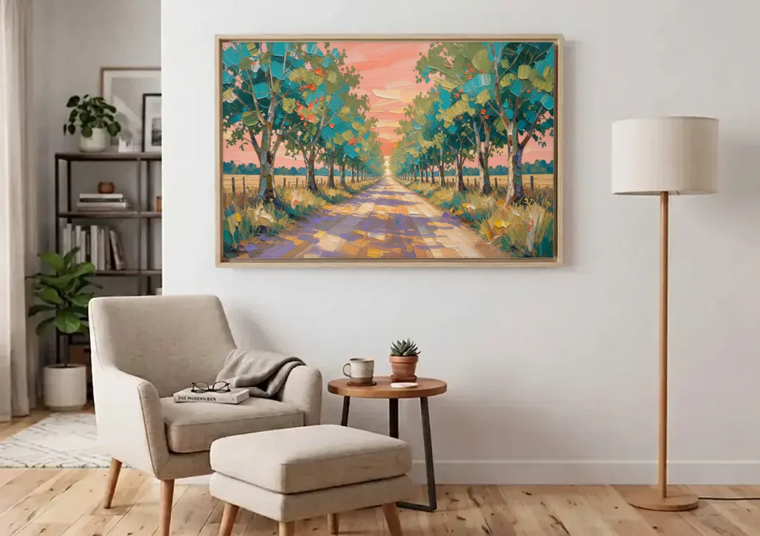 Country Road Painting Through Summer Trees canvas wall art above an armchair in a bright living room
