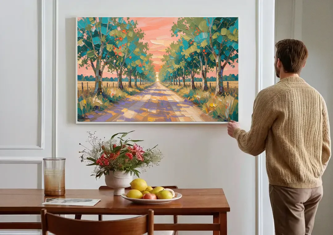 Country Road Painting Through Summer Trees canvas wall art above a dining table