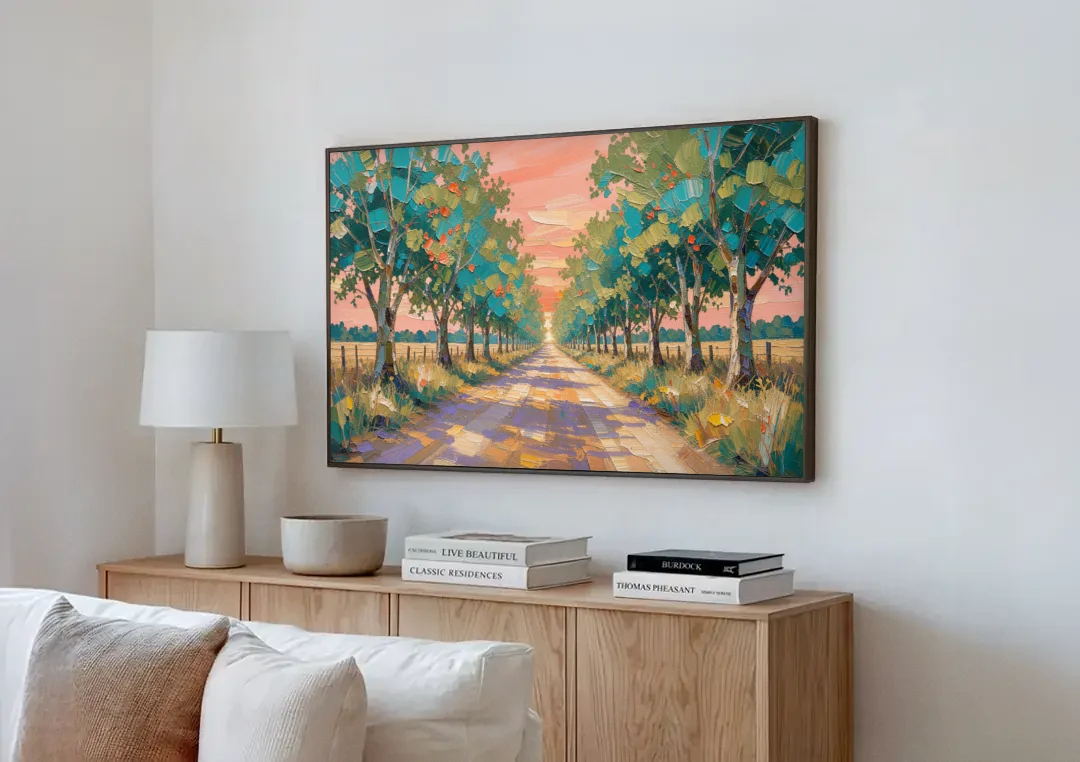 Country Road Painting Through Summer Trees canvas wall art above a wooden sideboard next to a sofa