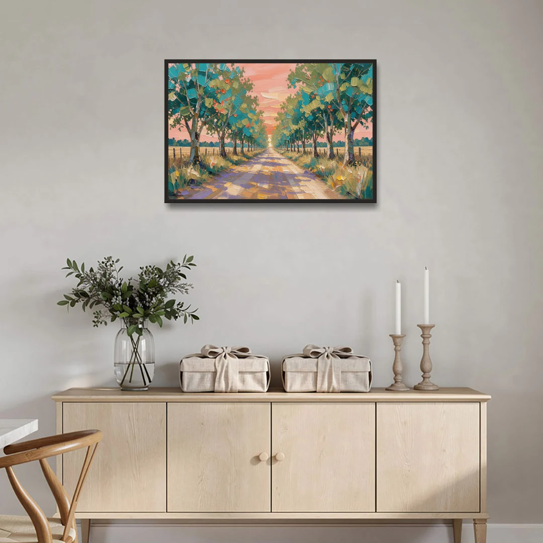 Country Road Painting Through Summer Trees - Black Framed Canvas Wall Art - Coffee Table - 36x24