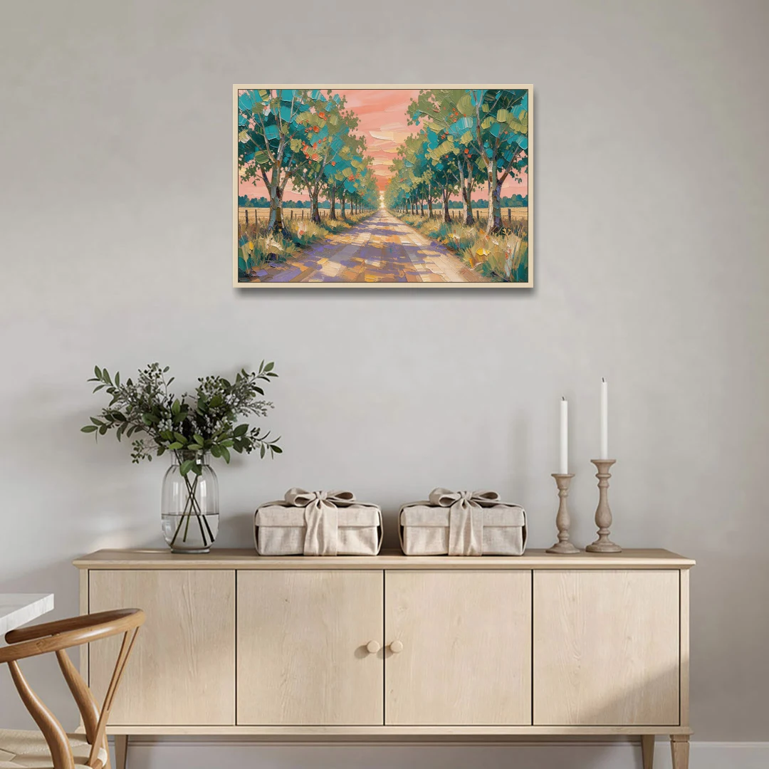 Country Road Painting Through Summer Trees - Oak Framed Canvas Wall Art - Coffee Table - 36x24