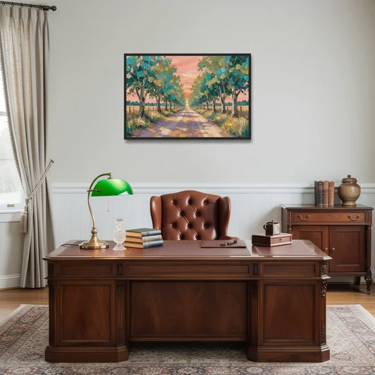 Country Road Painting Through Summer Trees - Black Framed Canvas Wall Art - Office - 36x24