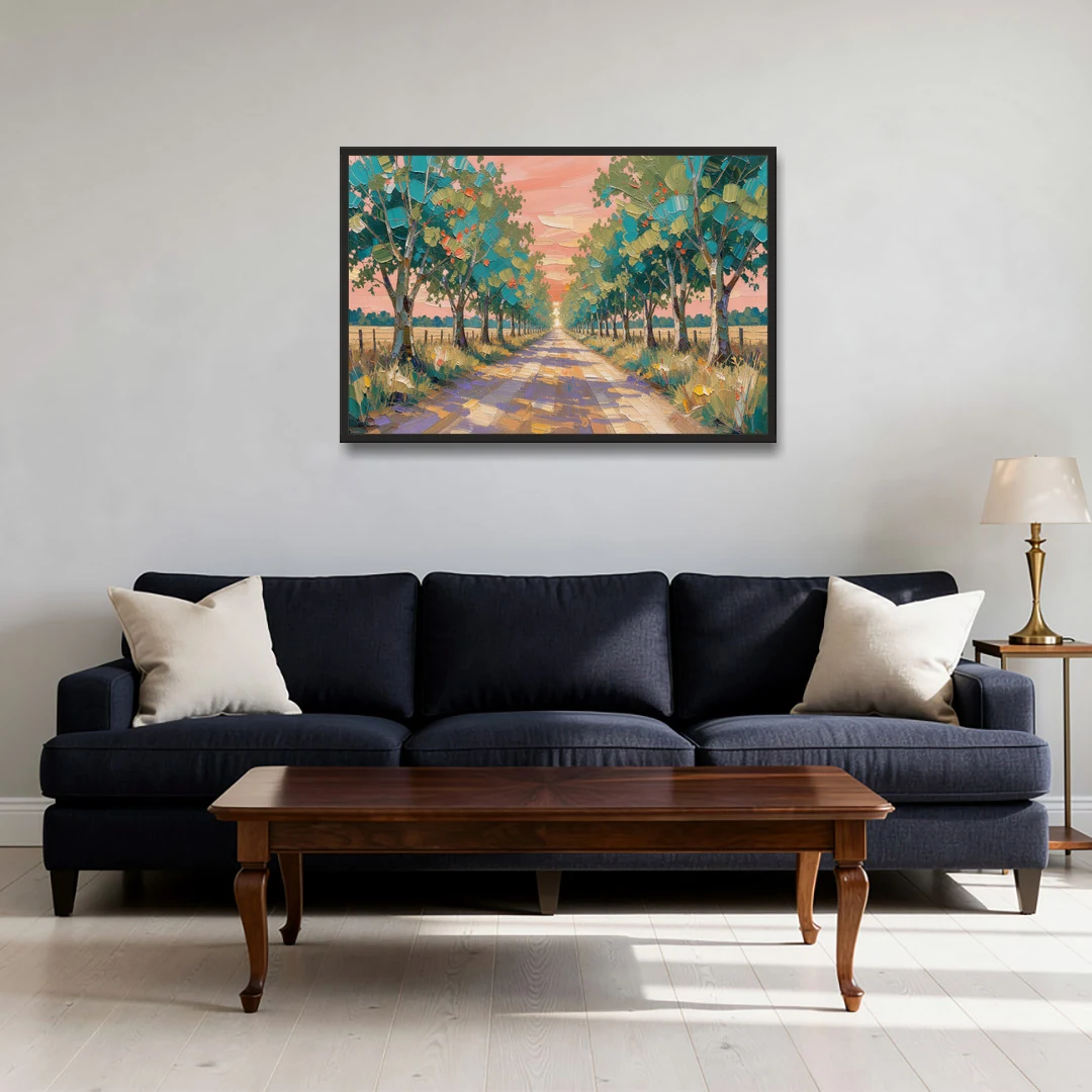 Country Road Painting Through Summer Trees - Black Framed Canvas Wall Art - Sofa - 36x24