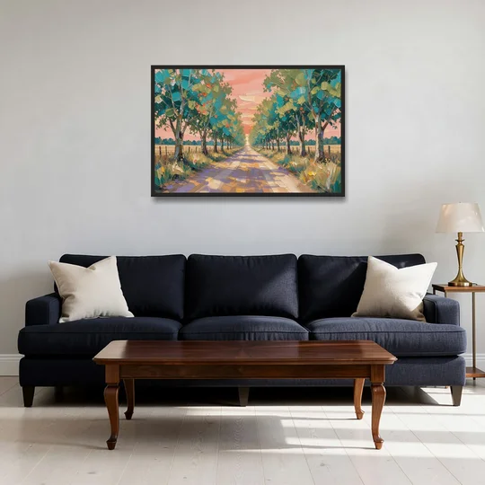Country Road Painting Through Summer Trees - Black Framed Canvas Wall Art - Sofa - 36x24