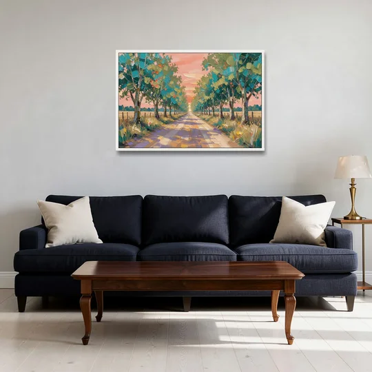 Country Road Painting Through Summer Trees - White Framed Canvas Wall Art - Sofa - 36x24