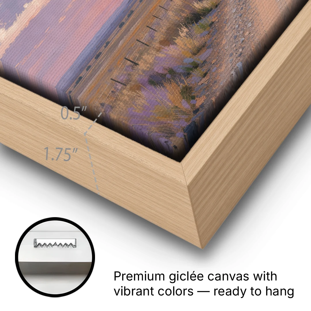 Country Road Wall Art at Prairie Twilight - Oak Framed Canvas Wall Art - Gallery Wrap Corner