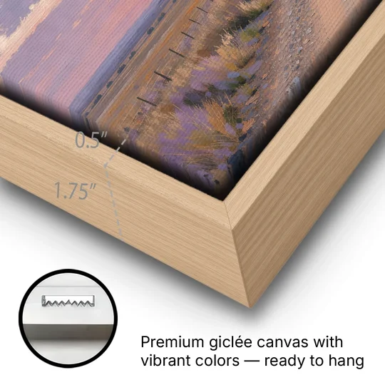 Country Road Wall Art at Prairie Twilight - Oak Framed Canvas Wall Art - Gallery Wrap Corner