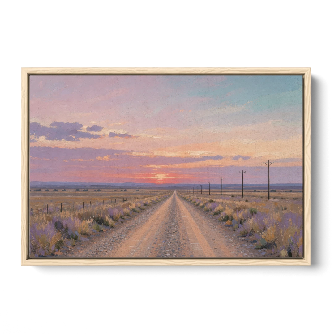 Country Road Wall Art at Prairie Twilight - Oak Framed Canvas Wall Art - Front
