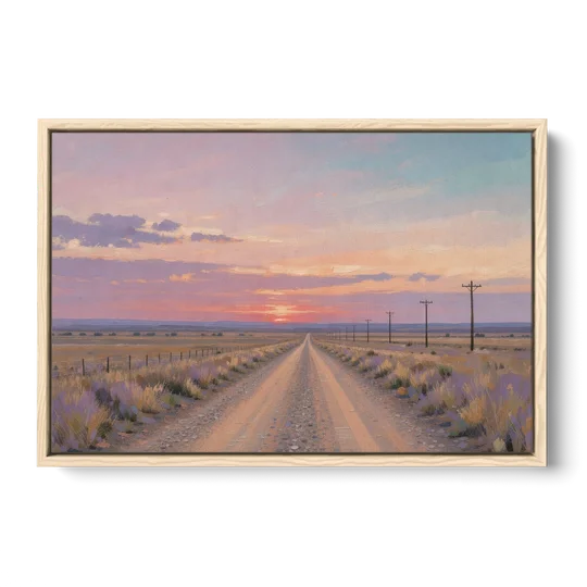 Country Road Wall Art at Prairie Twilight - Oak Framed Canvas Wall Art - Front