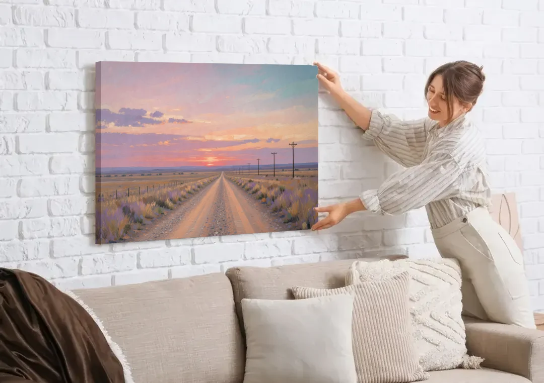 Country Road Wall Art at Prairie Twilight canvas wall art being hung on a white brick wall above a sofa